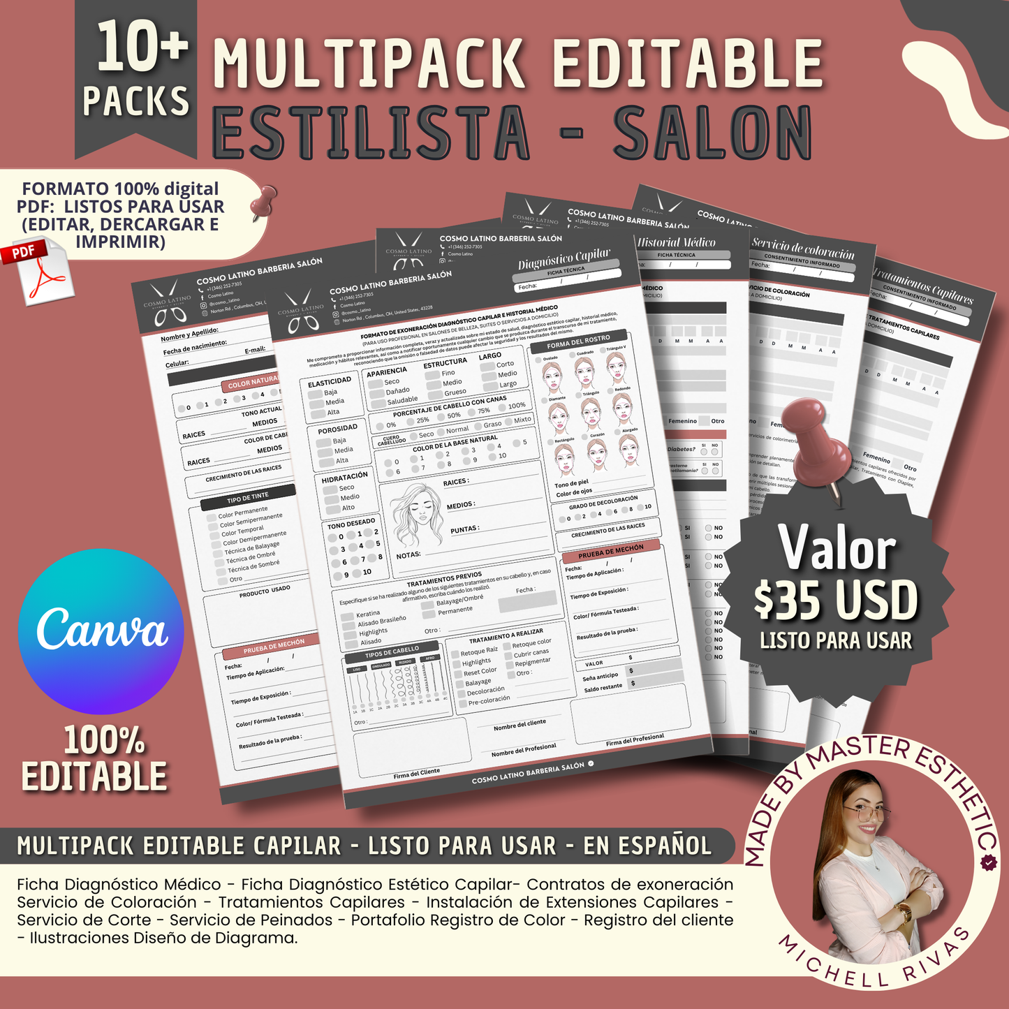 MULTIPACK FORMATOS EDITABLES CANVA / ESTILISTA SALON - ESPAÑOL