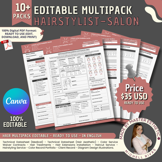 MULTIPACK EDITABLE CANVA TEMPLATES / HAIRSTYLIST SALON - IN ENGLISH