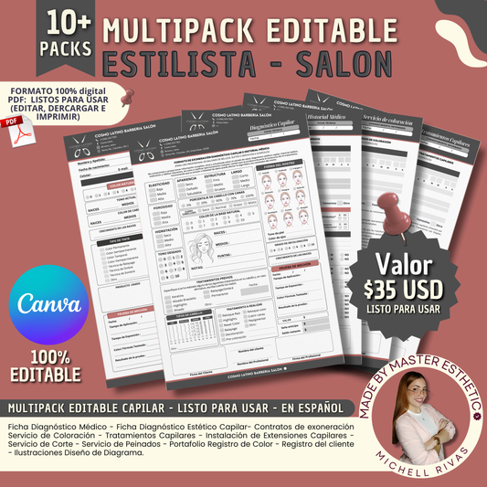 MULTIPACK FORMATOS EDITABLES CANVA / ESTILISTA SALON - ESPAÑOL